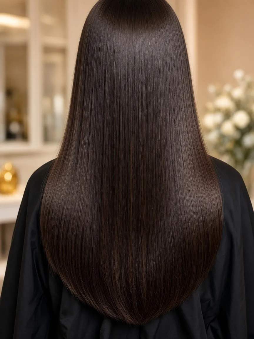 Resultado de tratamiento de keratina con cabello liso y brillante