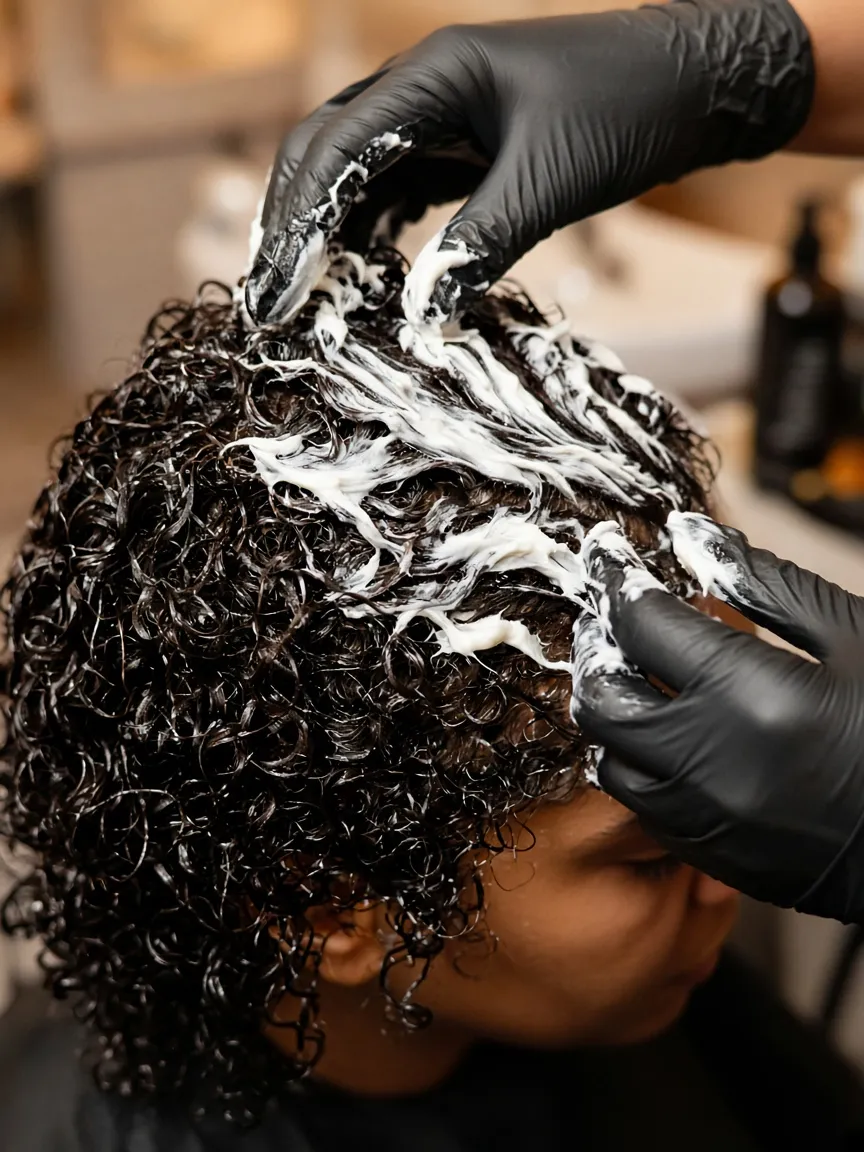 Aplicación de mascarilla hidratante en cabello rizado